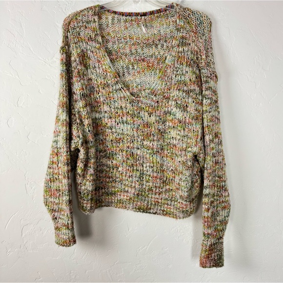 Free People Sweater Pullover Knit Top Highland Cable V Neck‎ Multicolor Cotton - Picture 1 of 9